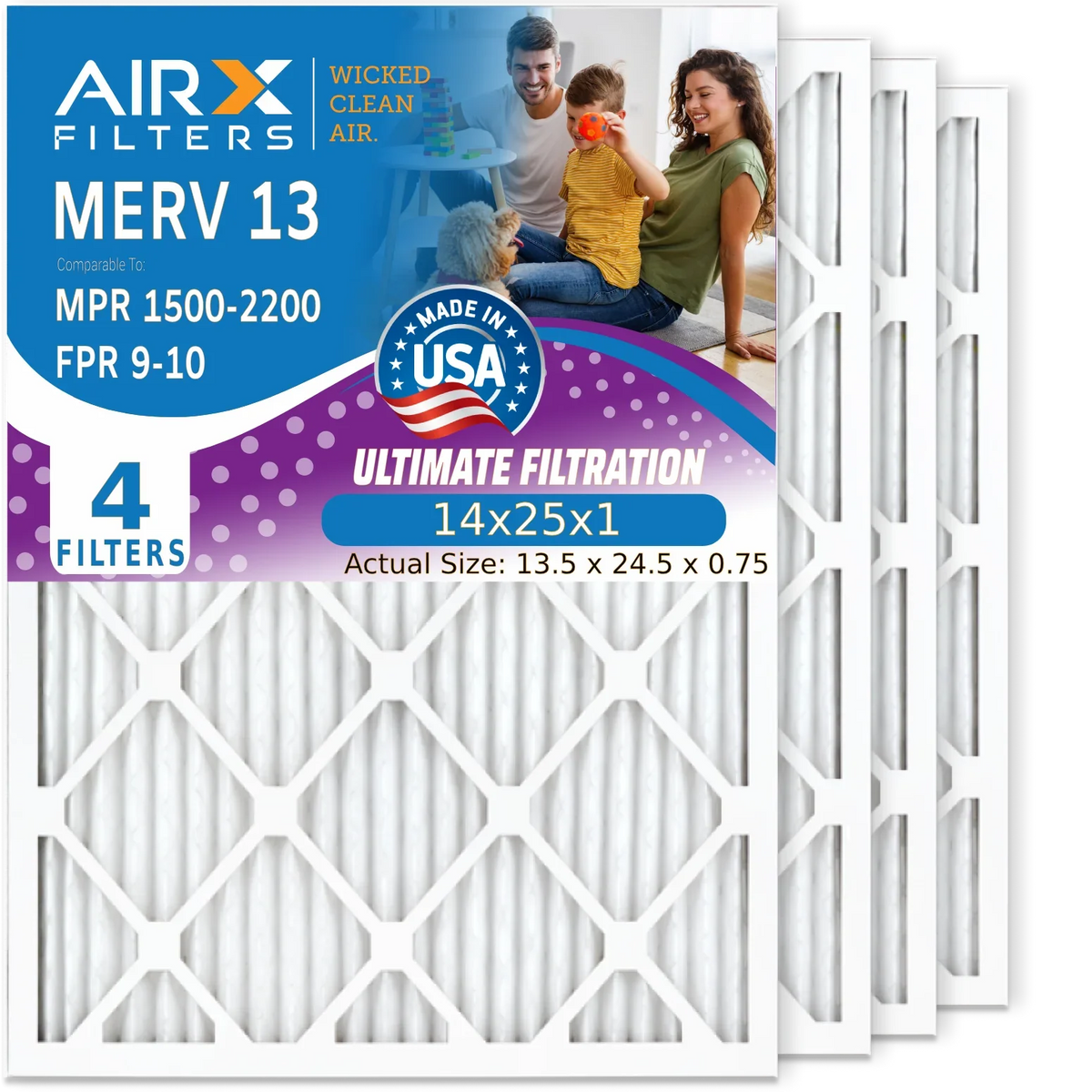 4 1500 FPR WICKED Filters Filter CLEAN AIRX Conditioner AC 13 Premium 9 Air to Made Pack HVAC Comparable 2200 14x25x1 Electrostatic AIR. & by Pleated Furnace MERV USA 14x25x1 - Filter Air FILTERS MPR