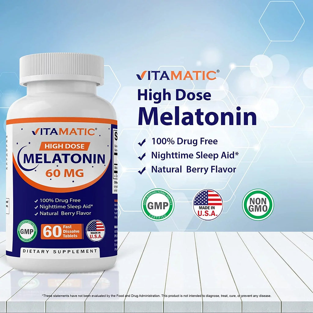 Tablets 60 Melatonin Non-GMO, Non-Habit (2 Flavor Berry Forming Tablets Gluten Vegan Dissolve Bottles) Natural - Fast Free Vitamatic 60mg - -