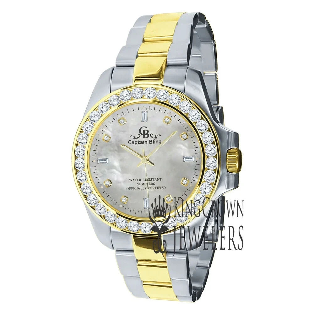 Stainless Simulated Diamonds 2 Tone Dial 18K Finish Mens Solid Gold Pearl Mother Of Watch Steel