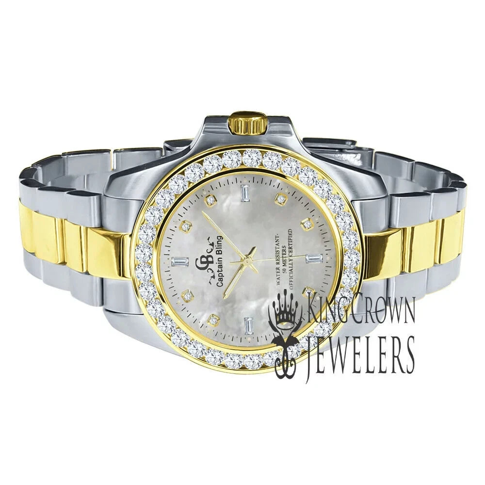 Stainless Simulated Diamonds 2 Tone Dial 18K Finish Mens Solid Gold Pearl Mother Of Watch Steel