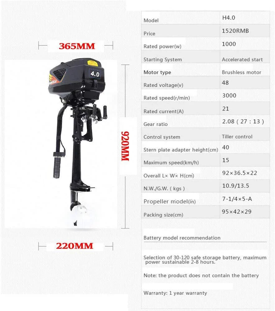 Miumaeov Electric Marine Trolling Motor 1000W Outboard Motor 4HP Driver Brushless Propeller Motor, Propeller Electric Duty Start Outboard Heavy Engine Trolley Boat