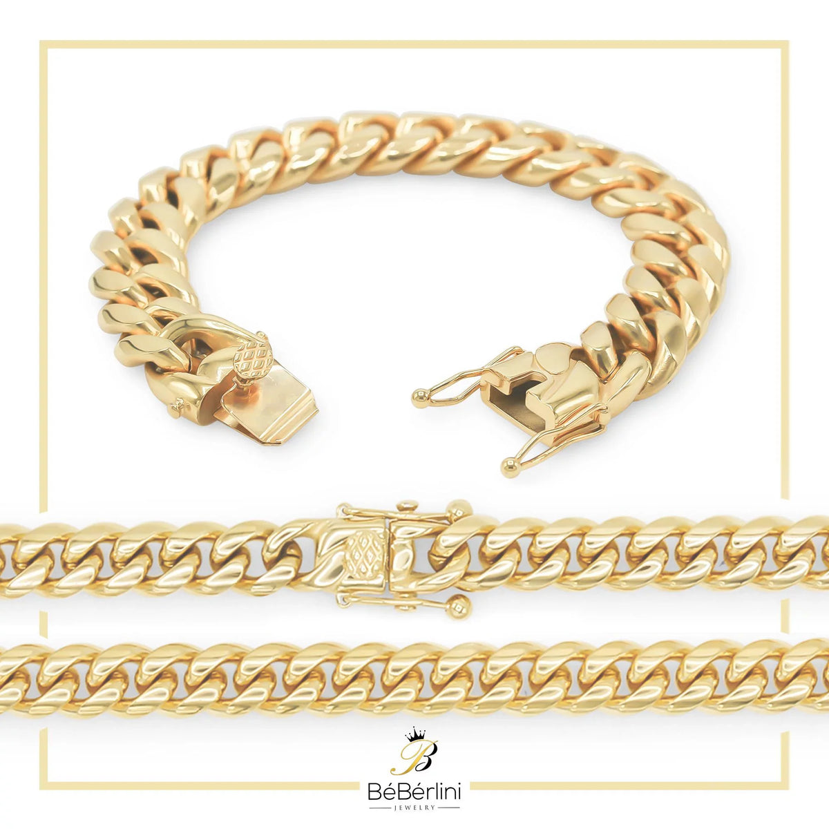 mm Jewelry Plated Fashion BEBERLINI Cuban Bracelet Curb Gold Stainless 16 14K Steel 9" for Adult Link Chain Men