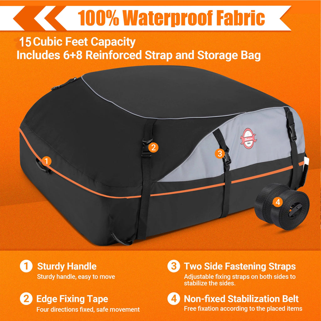 Cargo ft 100% Storage Adnoom Luggage Rooftop Car Bag, Bag Orange Soft Car Waterproof Car Carrier, Sided Top Black, Carrier Roof Bag 16 Cu