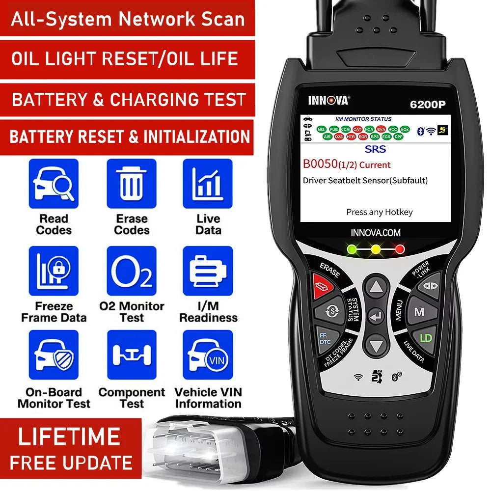 Bluettoth Diagnostic System Tool Reader Battery 6200P Oil OBD2 Registratio ABS Code Scanner Full INNOVA SRS