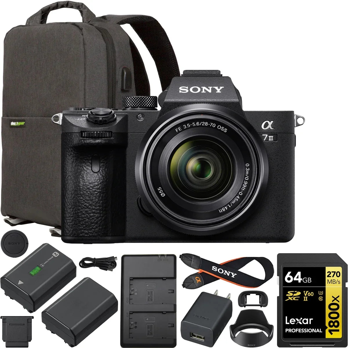 Creator Kit Bundle Backpack Full OSS ILCE-7M3K/B Body Content with Gear a7 External Deco Charger Mirrorless Sony F3.5-5.6 Lens 64GB with Card Battery Photography 28-70mm Double + III Camera Frame +