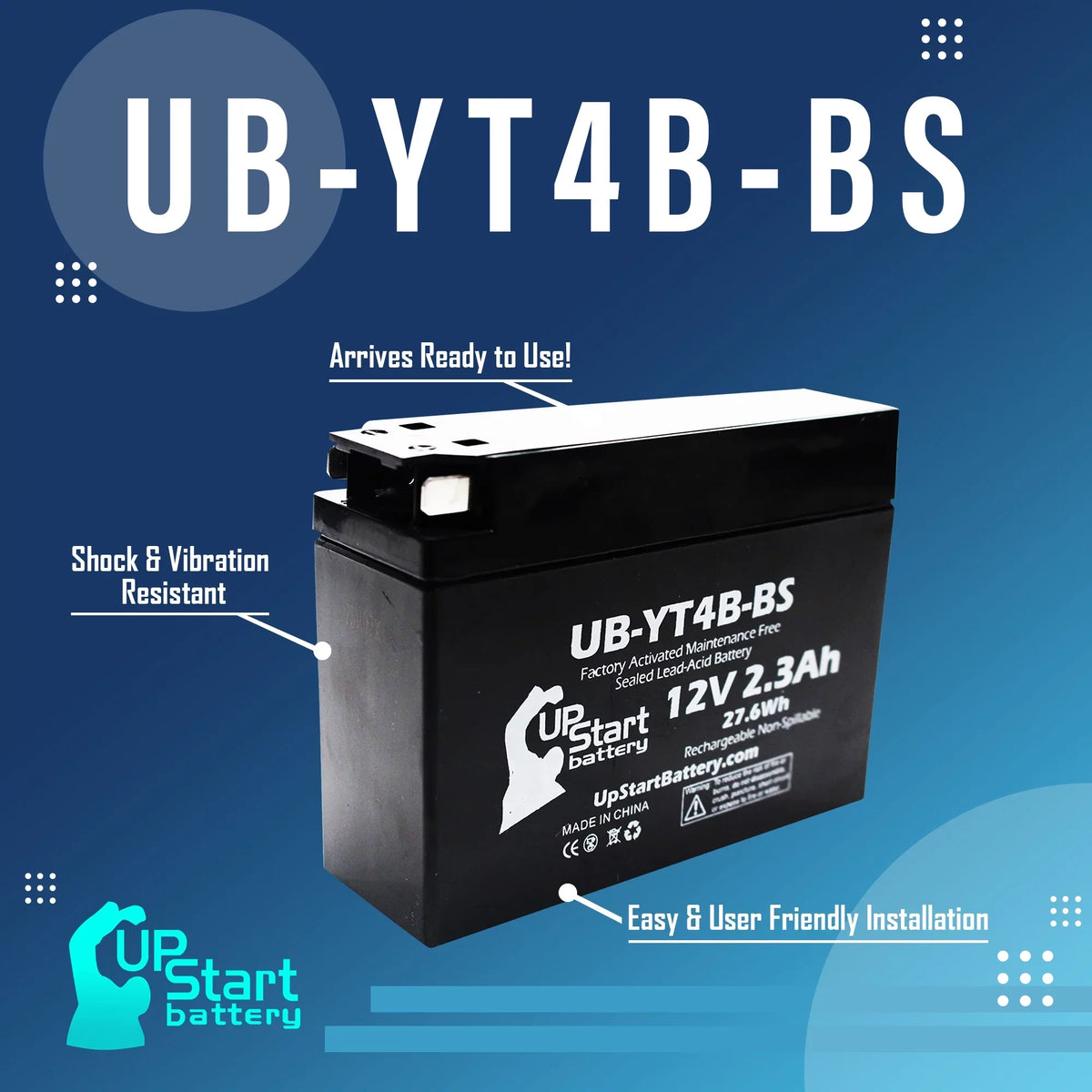 Battery 12V, Replacement SR400 Factory Free, Yamaha Activated, 400CC Battery Motorcycle (FI) 2-Pack 2.3Ah, UpStart Maintenance UB-YT4B-BS 2012 -