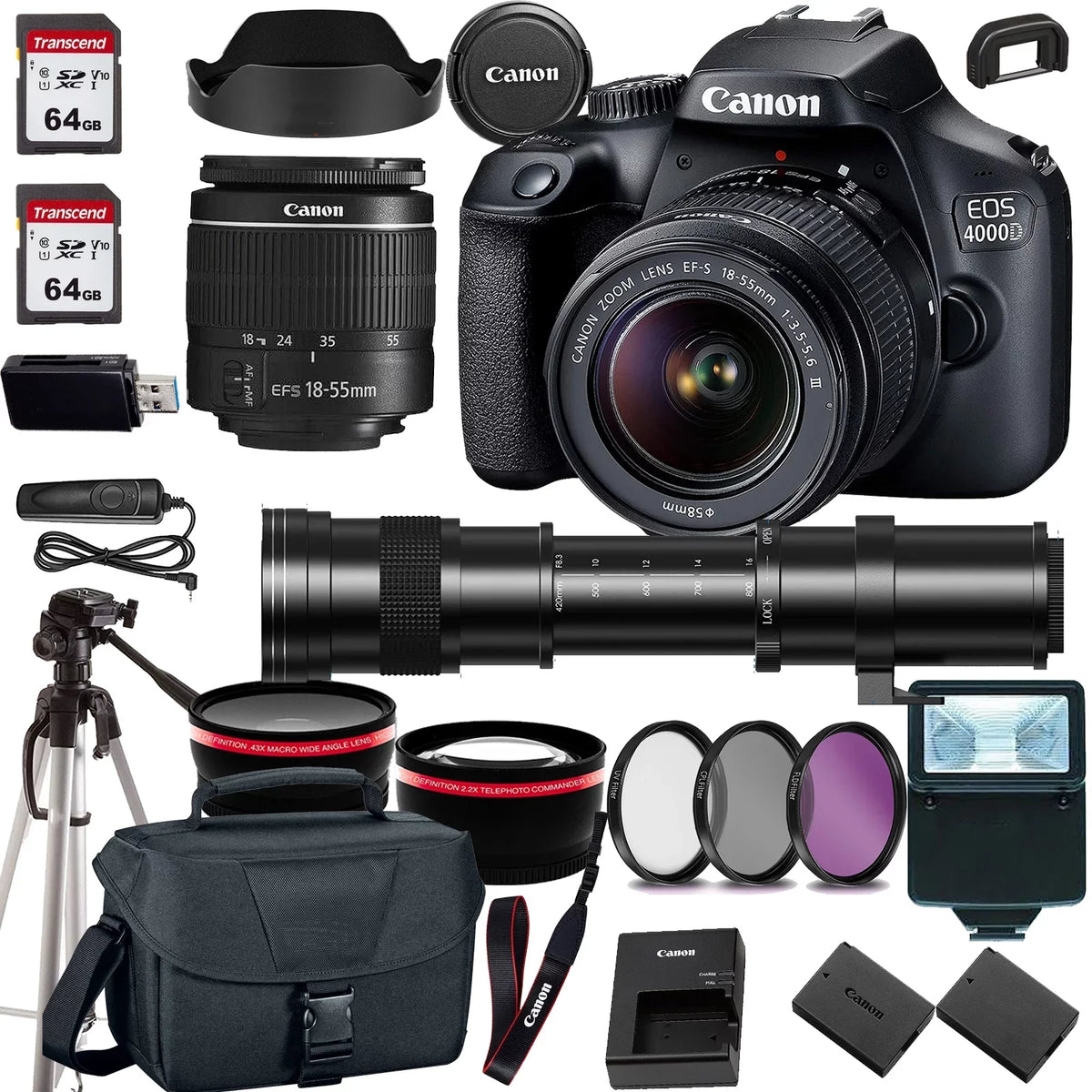 F/3.5-5.6 Lens+420-800mm 18-55mm 4000D/Rebel (24PC) Cards HD DSLR EF-S Zoom T100 Canon Camera EOS Zoom w/Canon lens+case+128Memory Telephoto