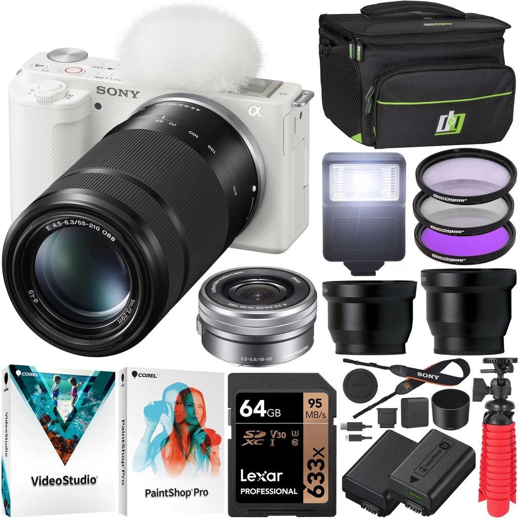 Camera Telephoto Bundle + ZV-E10 Lens + Mirrorless & Battery 16-50mm Case & Angle ILCZV-E10L/W Kit Accessories Deco Sony with White Set Wide Lenses + Extra Gear Vlog Alpha 2 55-210mm APS-C Filter +