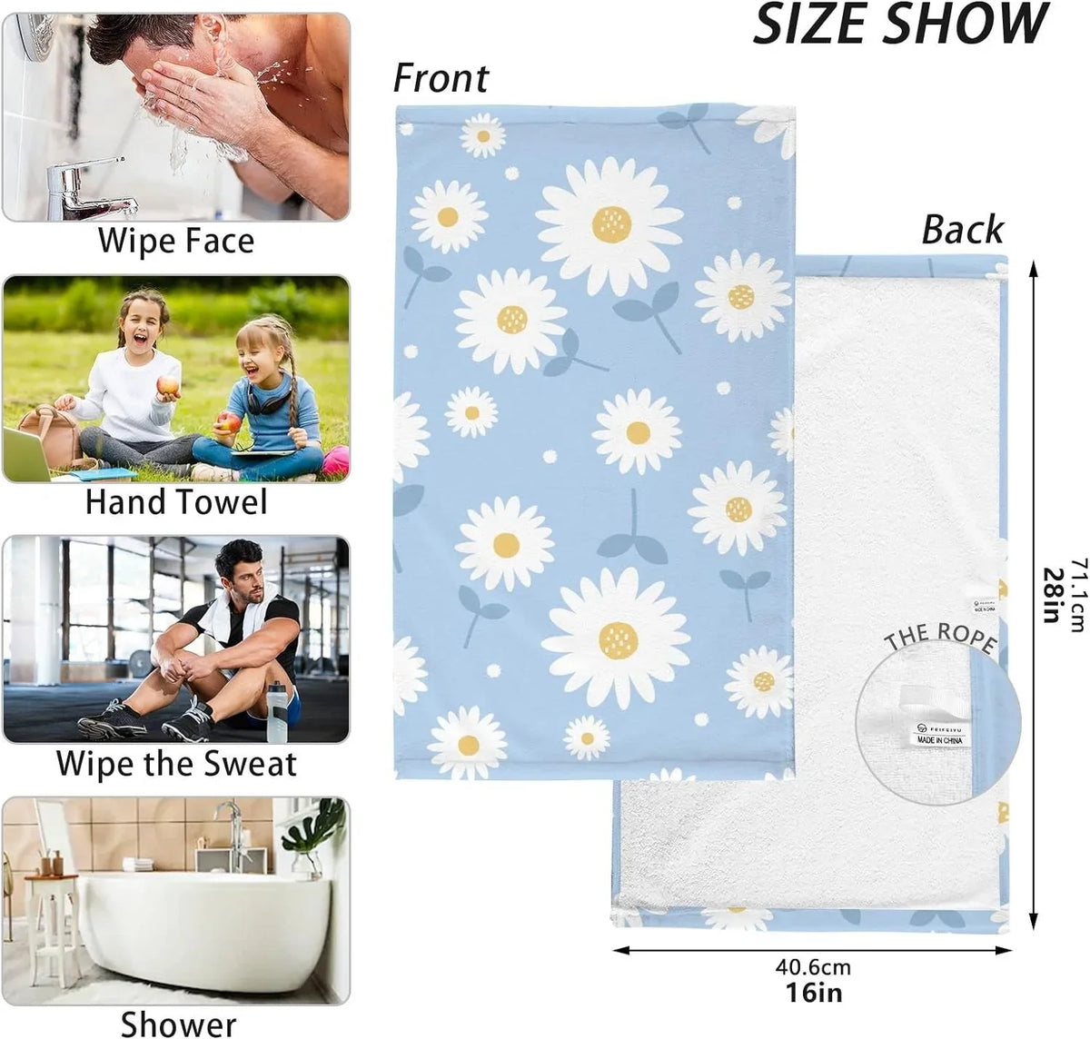 Wellsay Towel- Washcloths, Cotton Highly Hand Flower Pack Daisy Quick-Dry 2 Absorbent Set of Bath Blue Towel Face