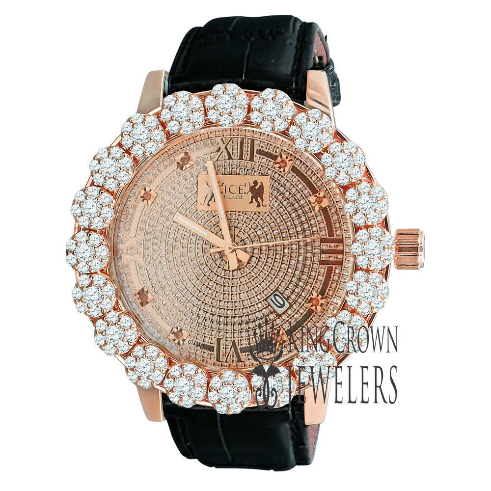 Watch Bezel Leather Rose Khronos Tone W/Date Wrist Gold Face Mens Flower Genuine Dial Genuine Diamond Roman