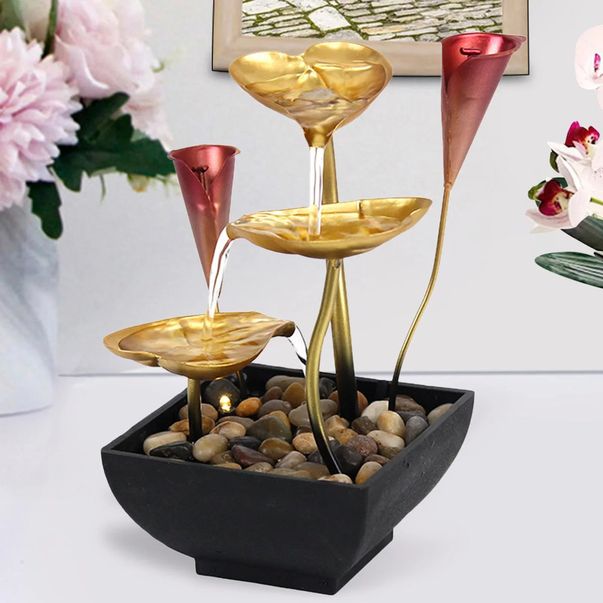 Water Home Farmhouse Decoration Tabletop Fountain Garden with LED Water for Fountain Circular Indoor Waterfall Light Warm Lighted