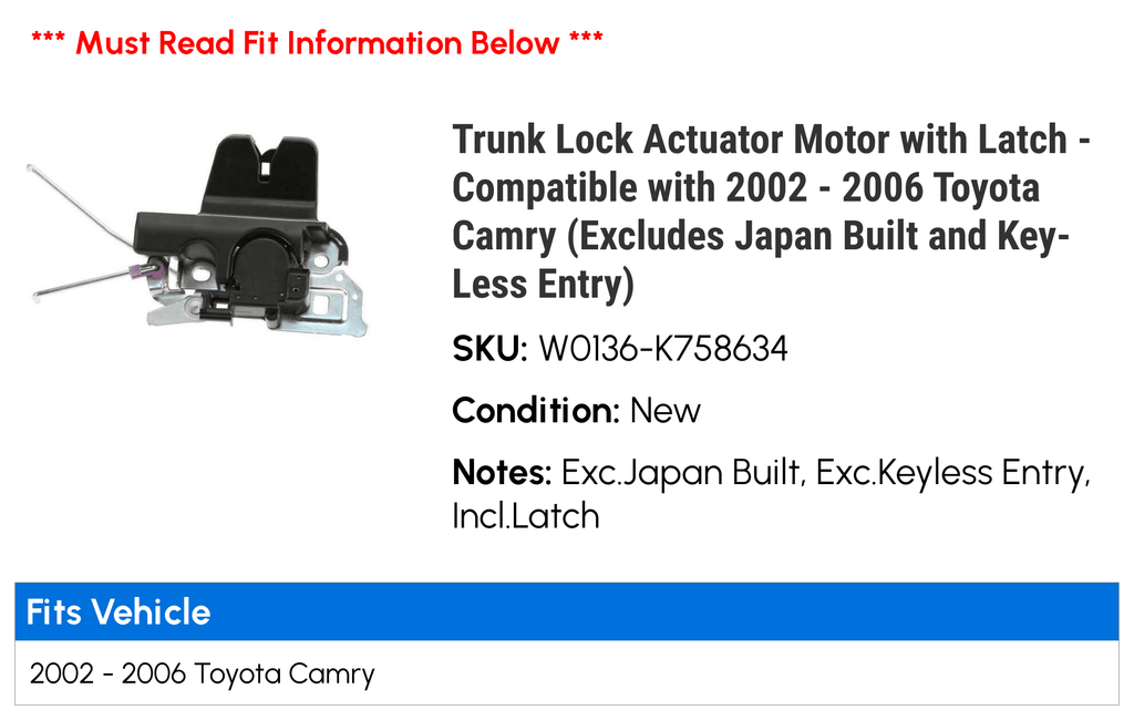 Key-Less 2005 2002 Latch Motor 2003 2006 Entry) and with Actuator - 2004 Built (Excludes Trunk Japan Toyota with - Compatible Camry Lock