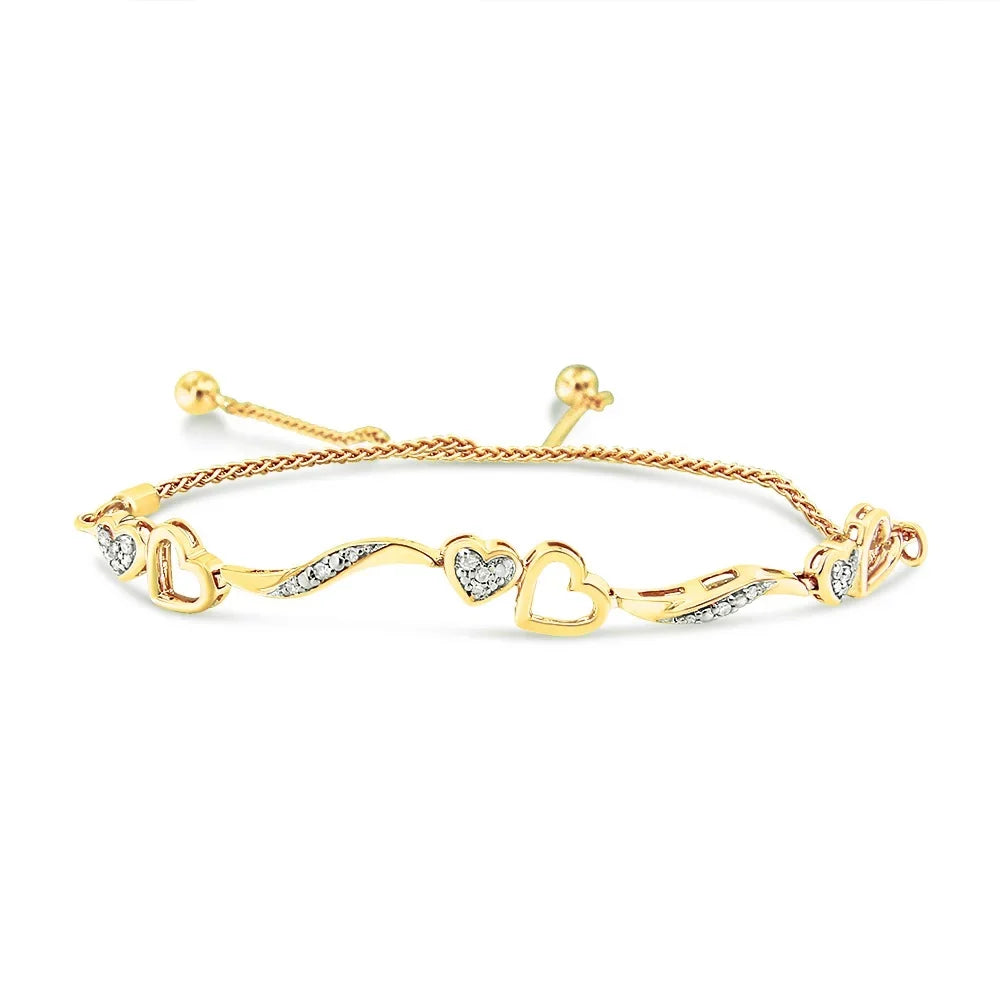 Wave Diamond Cttw 1/10 4"-10" .925 Gold Sterling Bolo 14K Color, Bracelet (I-J and Silver Adjustable I3 Hearts Plated Clarity) Yellow