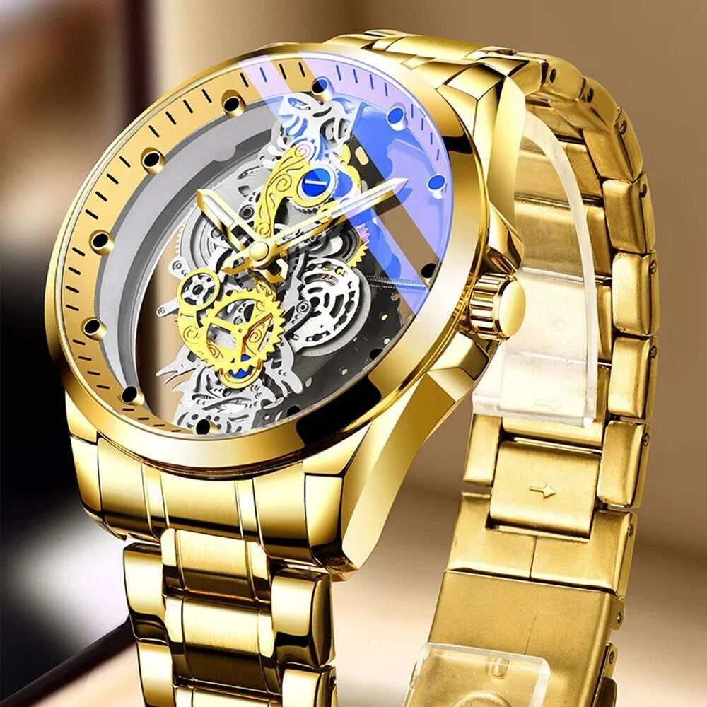 Luxury Quartz Steel Men's Watch Business USA Skeleton Hollow Stainless Automatic