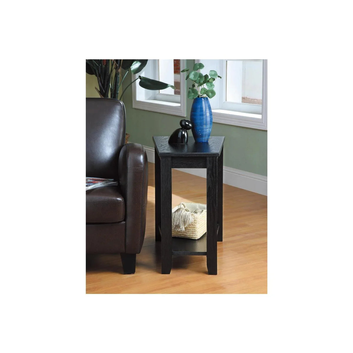 Bottom Table With Benzara Chair Wedged Wood Shelf, a Black Side
