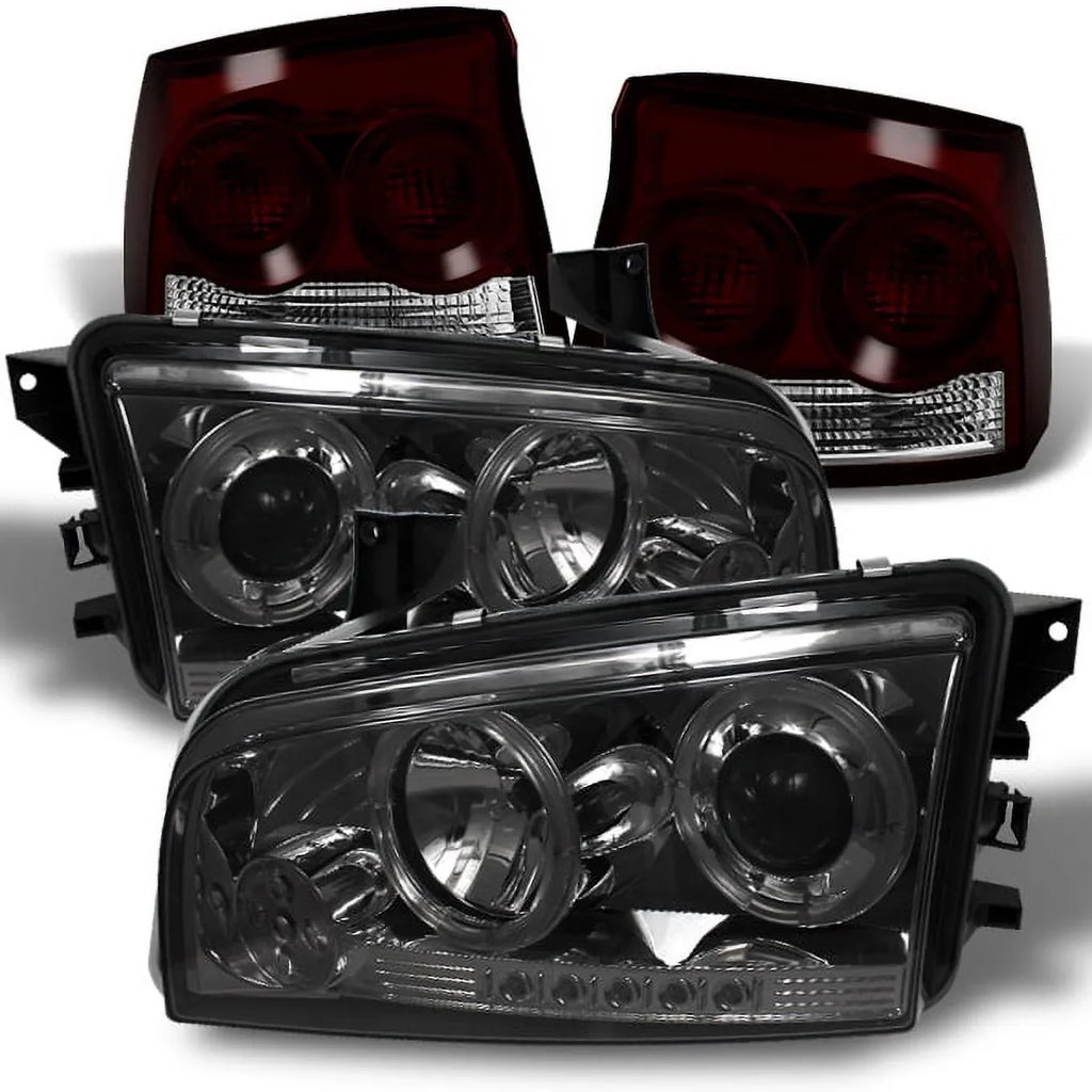'- Dodge Dark Eye AKKON Red + Smoked Smoked 2009-2010 For Projector Headlights Angel Tail Halo Lights LED Lamp Charger