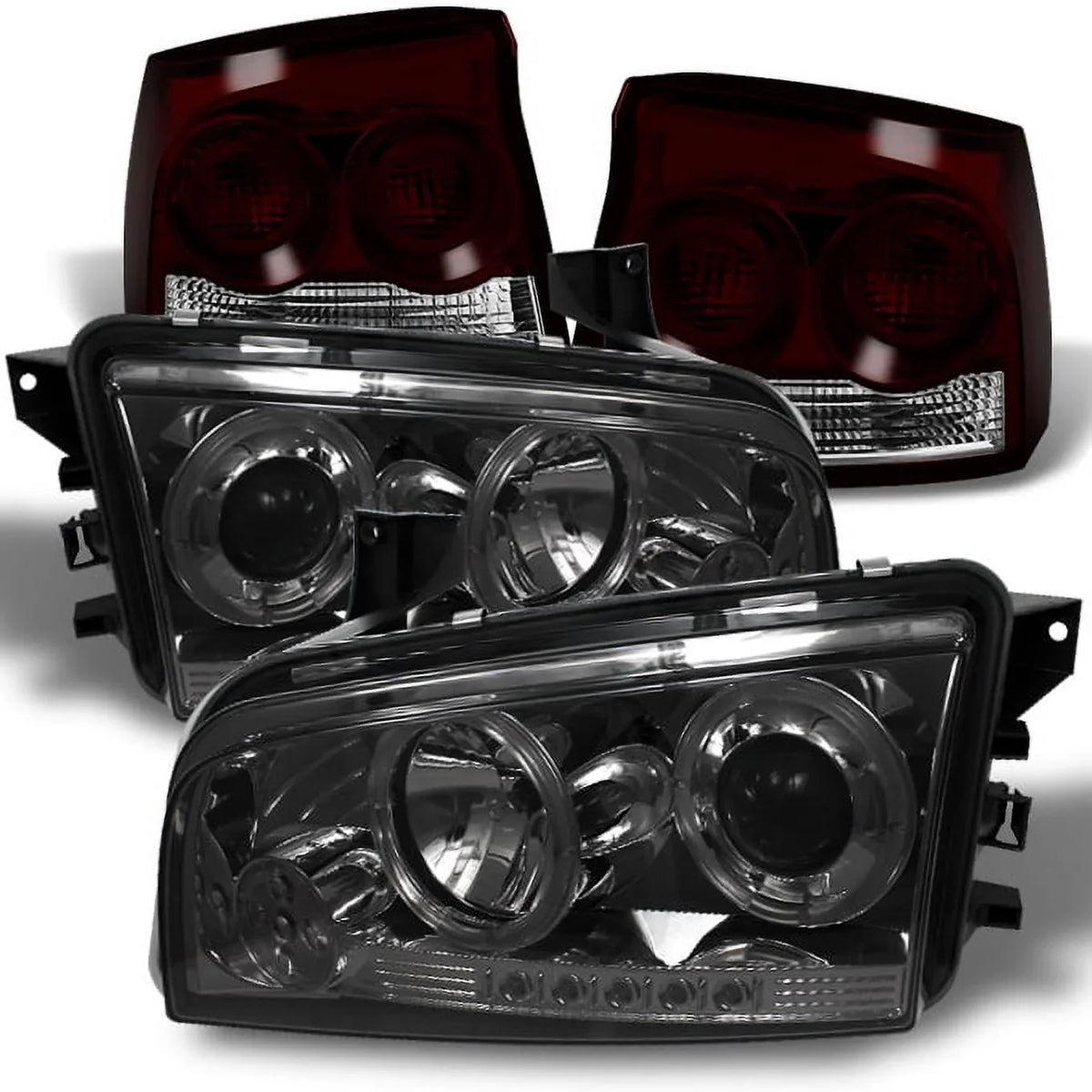 '- Dodge Dark Eye AKKON Red + Smoked Smoked 2009-2010 For Projector Headlights Angel Tail Halo Lights LED Lamp Charger