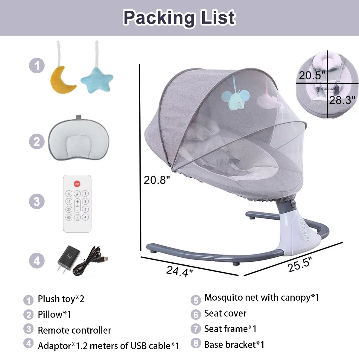 Swing Seat Swing Gray Baby 4 Speeds and Chair Electric Control, Portable with Infant Swing Remote