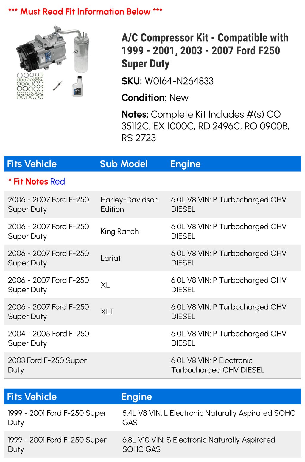 2005 Compressor 2004 2006 - Super - 2000 F250 Compatible A/C 2003 2007 2001, with - 1999 Ford Kit Duty