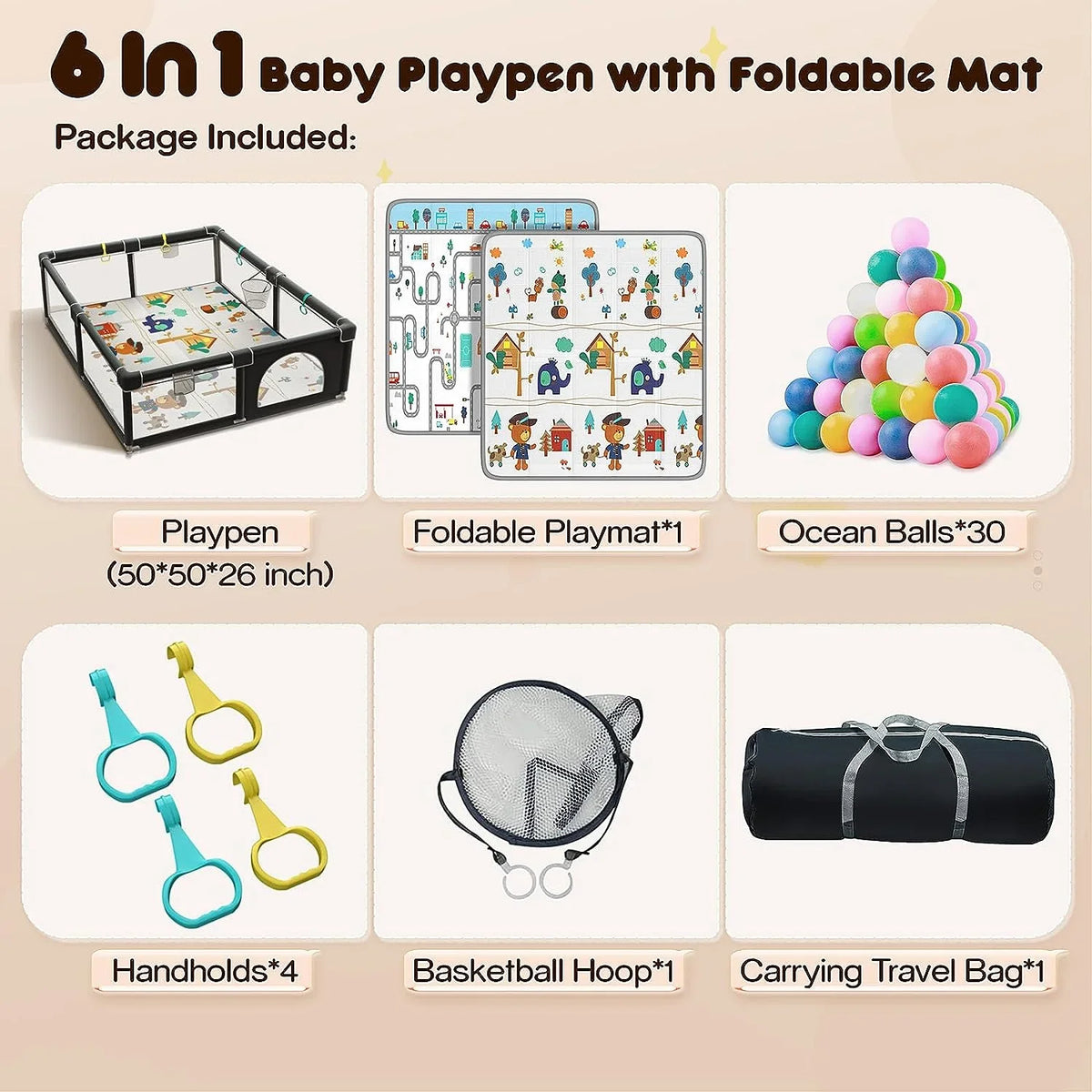 Protecting Top Yard Baby Play with 320D Large with Rod Padding Cotton Baby Zipper for for 6in1 Playpen Washable Toddlers, Playpen Padded Sturdy Safe & Gate with Playpen Babies, Upgraded Mat,