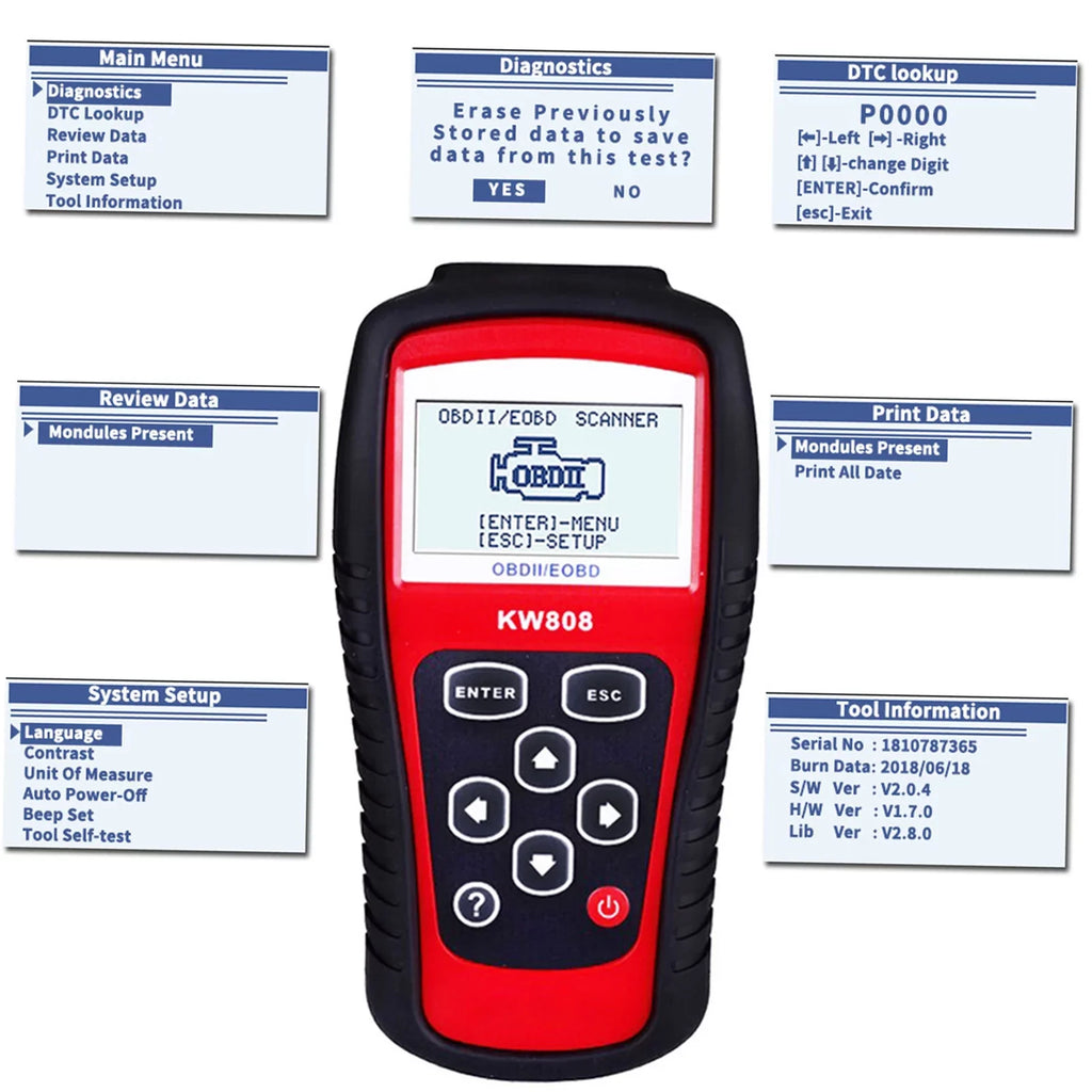 Decoder EOBD KW808 Code Cars and Auto Reader / walmeck OBDII Detection