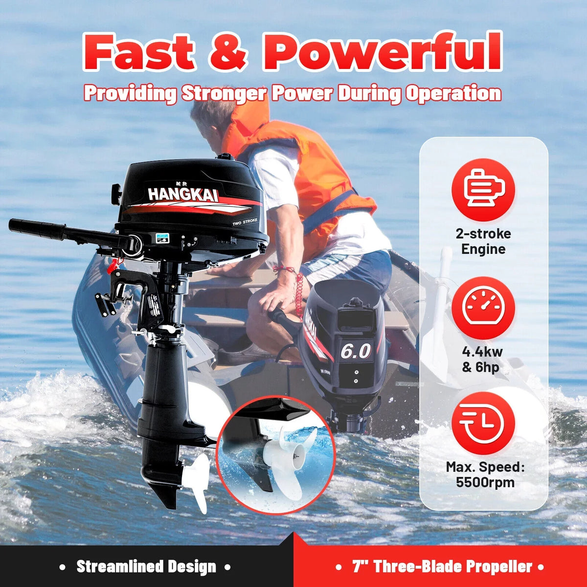Engine CNCEST Inflatable Outboard 2-Stroke System Water Boat Motor Fishing Motor Hp 6 Cooling