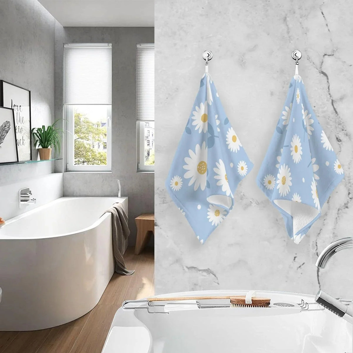 Wellsay Towel- Washcloths, Cotton Highly Hand Flower Pack Daisy Quick-Dry 2 Absorbent Set of Bath Blue Towel Face