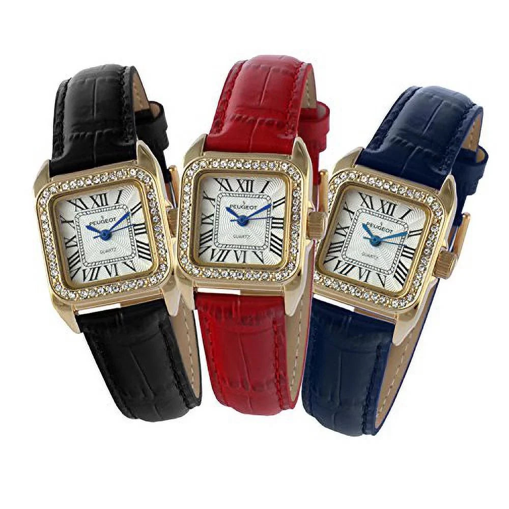 gold peugeot dress black petite luxury 14k square small 3052bk womens watch plated tank band leather