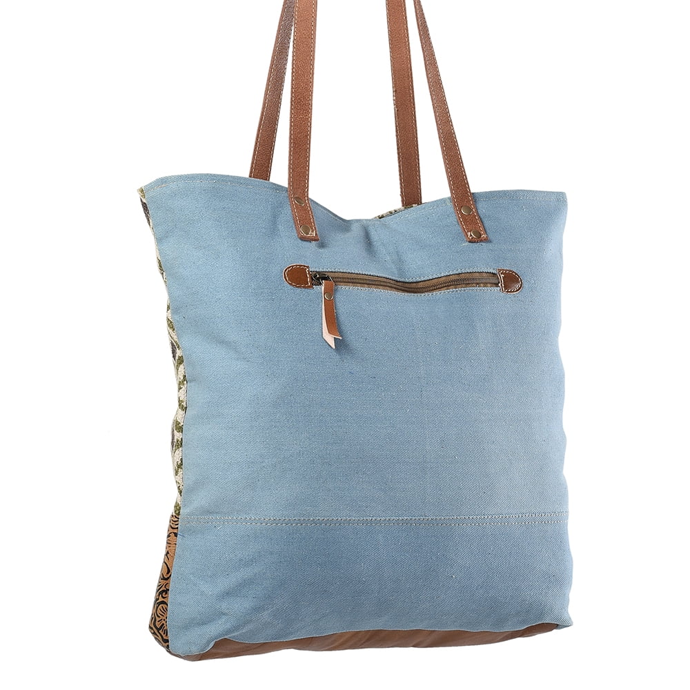 KB241 Upcycled KB OHLAY Leather purse Embossed Genuine Wool TOTE handbag Upcycled western women Canvas bag
