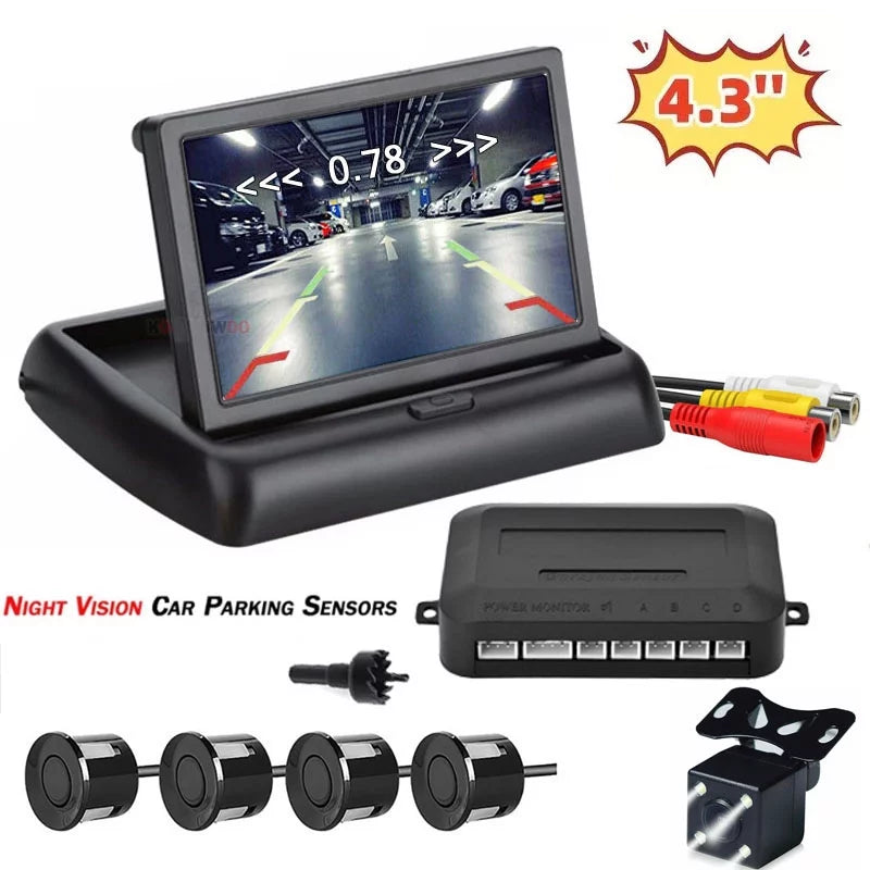 Kit+Universal Blind Backup Warning Vision Reverse View Detection and System 4.3in Parking Monitoring Rear Spot Car HD Sensor Set Camera Monitor Night Radar