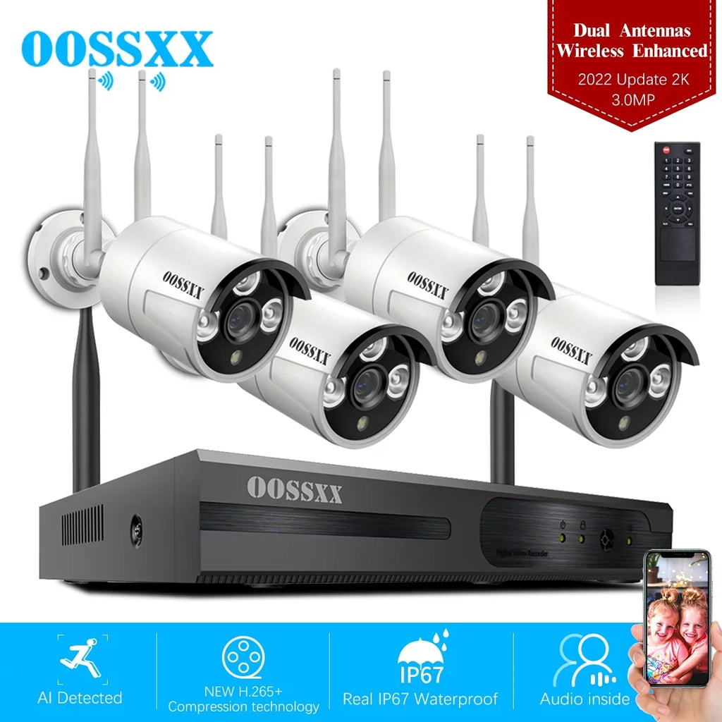 Drive, without Security 4Pcs 3.0MP System, Kits Hard Wireless 2K Dual Security Camera Surveillance Cameras WiFi Antennas Outdoor NVR
