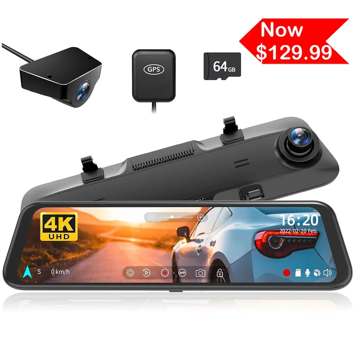1080P Front C USB Vehicle, Dash Dash Rear 64GB Vision, 12'' and Car & with Free Super Card WOLFBOX Night Port Cam, Rear Cameras 4K GPS, View Mirror