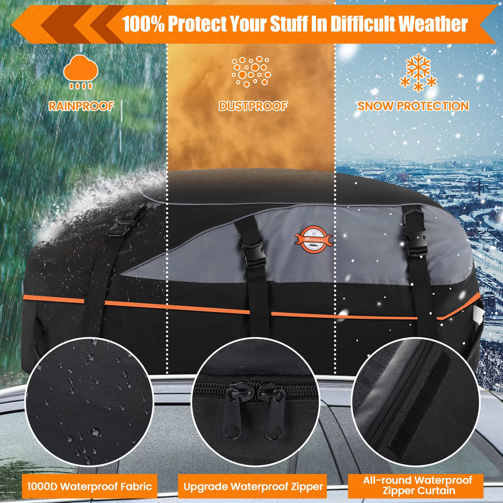 Cargo ft 100% Storage Adnoom Luggage Rooftop Car Bag, Bag Orange Soft Car Waterproof Car Carrier, Sided Top Black, Carrier Roof Bag 16 Cu