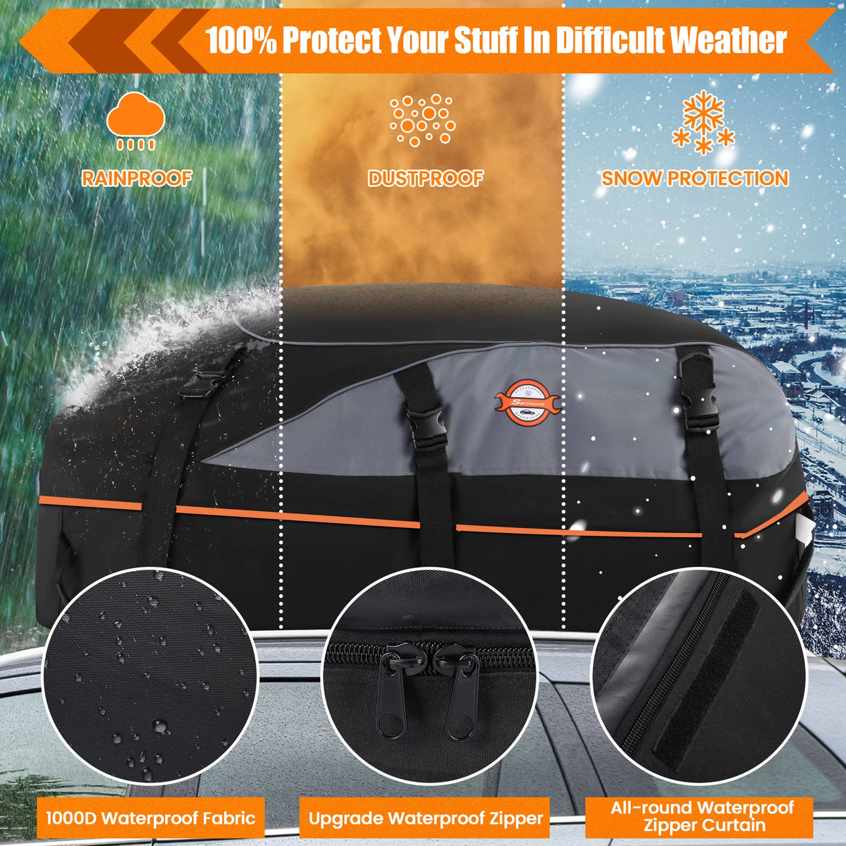 Cargo ft 100% Storage Adnoom Luggage Rooftop Car Bag, Bag Orange Soft Car Waterproof Car Carrier, Sided Top Black, Carrier Roof Bag 16 Cu