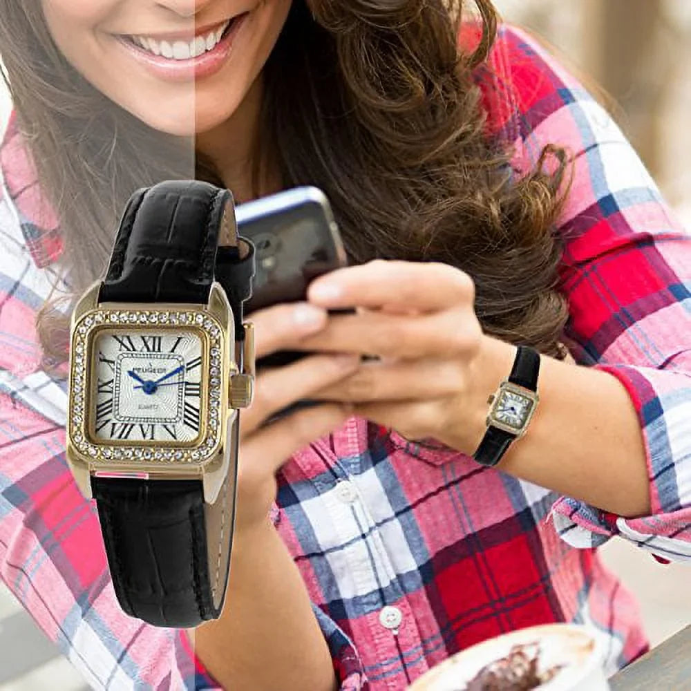 gold peugeot dress black petite luxury 14k square small 3052bk womens watch plated tank band leather