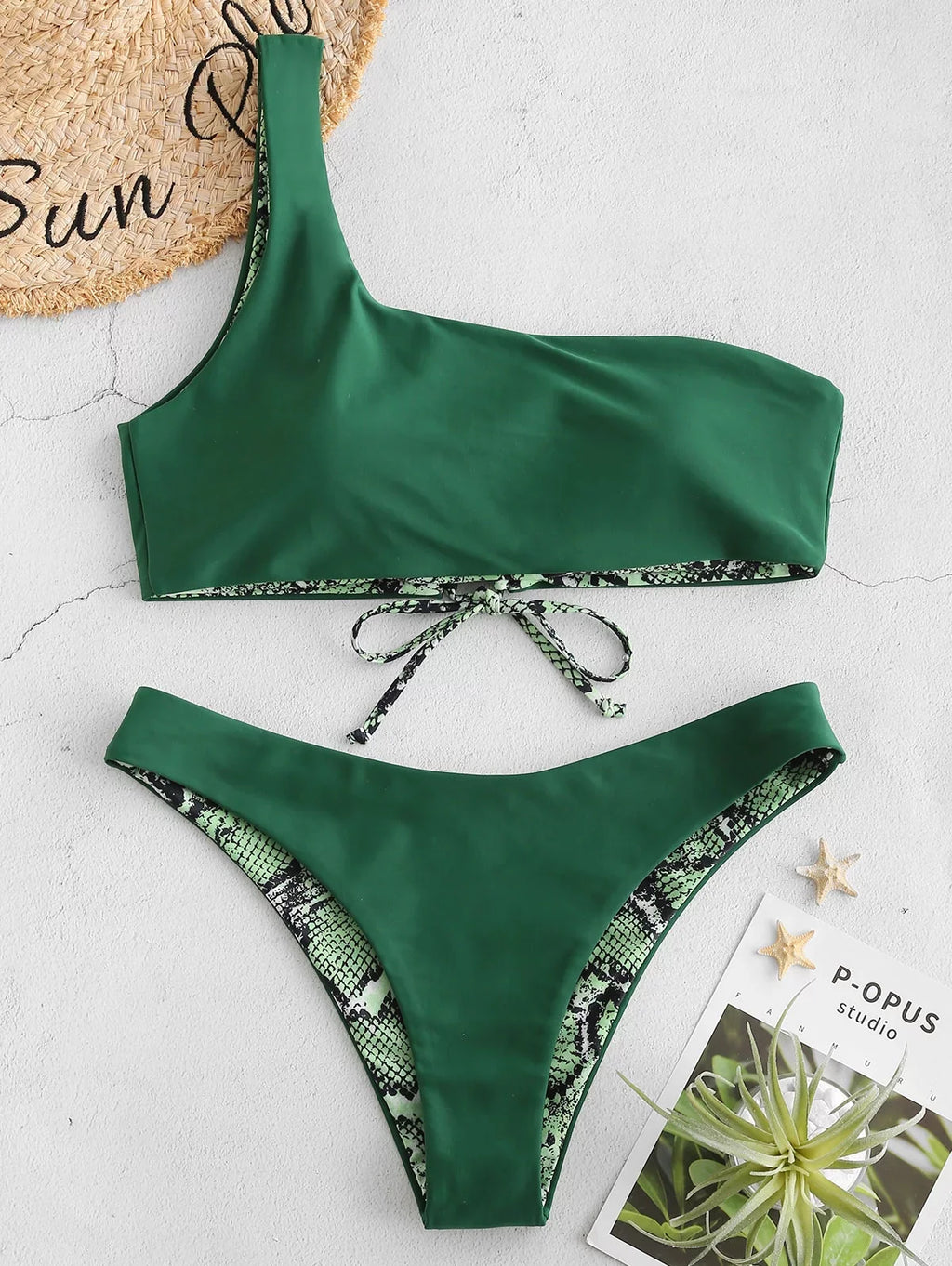 Print One Set Leopard Reversible Medium ZAFUL Bikini Forest Snakeskin for Women Swimsuit Green M Shoulder