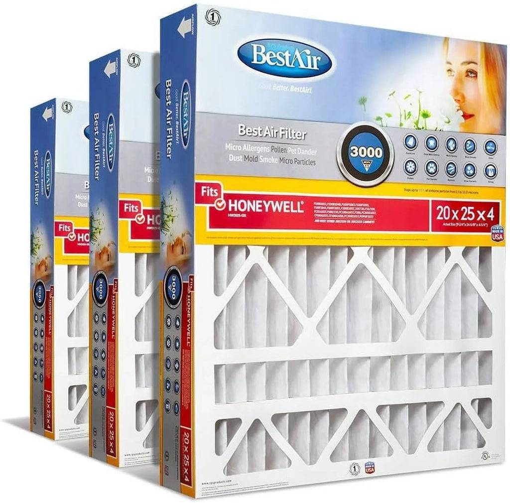BestAir Allergens 100%, 20" Honeywell 4", 13, Pack Removes & Models, Air Fits of HW2025-13R MERV 25" x 3 AC Furnace For Filter, x Contaminants,