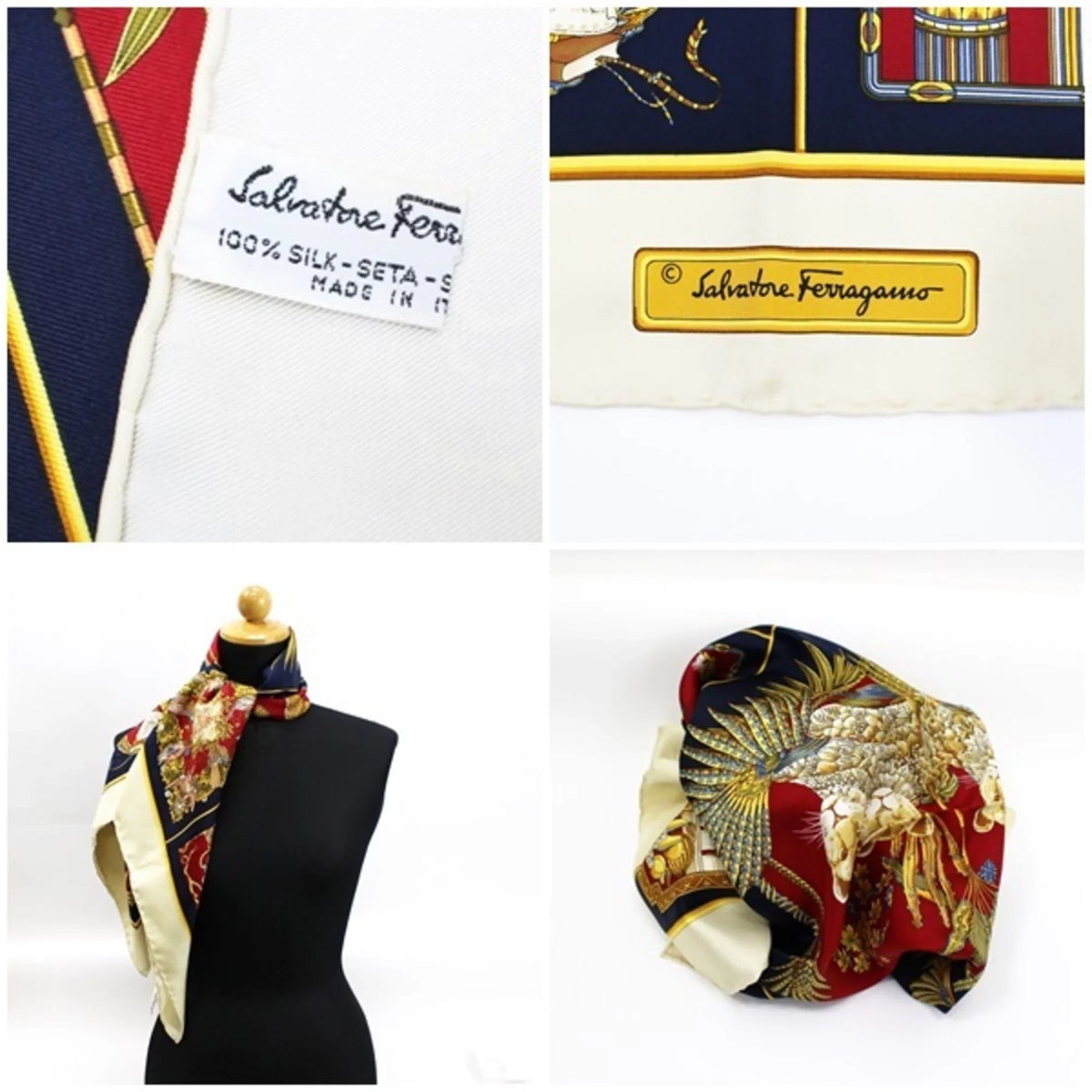 (Good) and leopard Ferragamo silk Salvatore scarf ladies navy FERRAGAMO print × muffler pattern ivory Pre-Owned animal SALVATORE plant