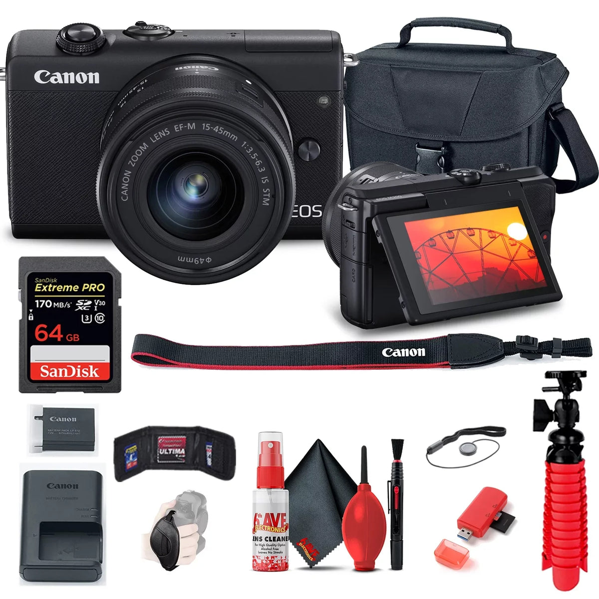 Tripod 15-45mm 64GB + M200 Strap Camera Case (Refurbished) Keeper Card EOS Digital Kit Reader Card + with Canon (Black) + Flex + (3699C009) + + + Hand Restored Memory + Lens Cap Cleaning Wallet Mirrorless Memory