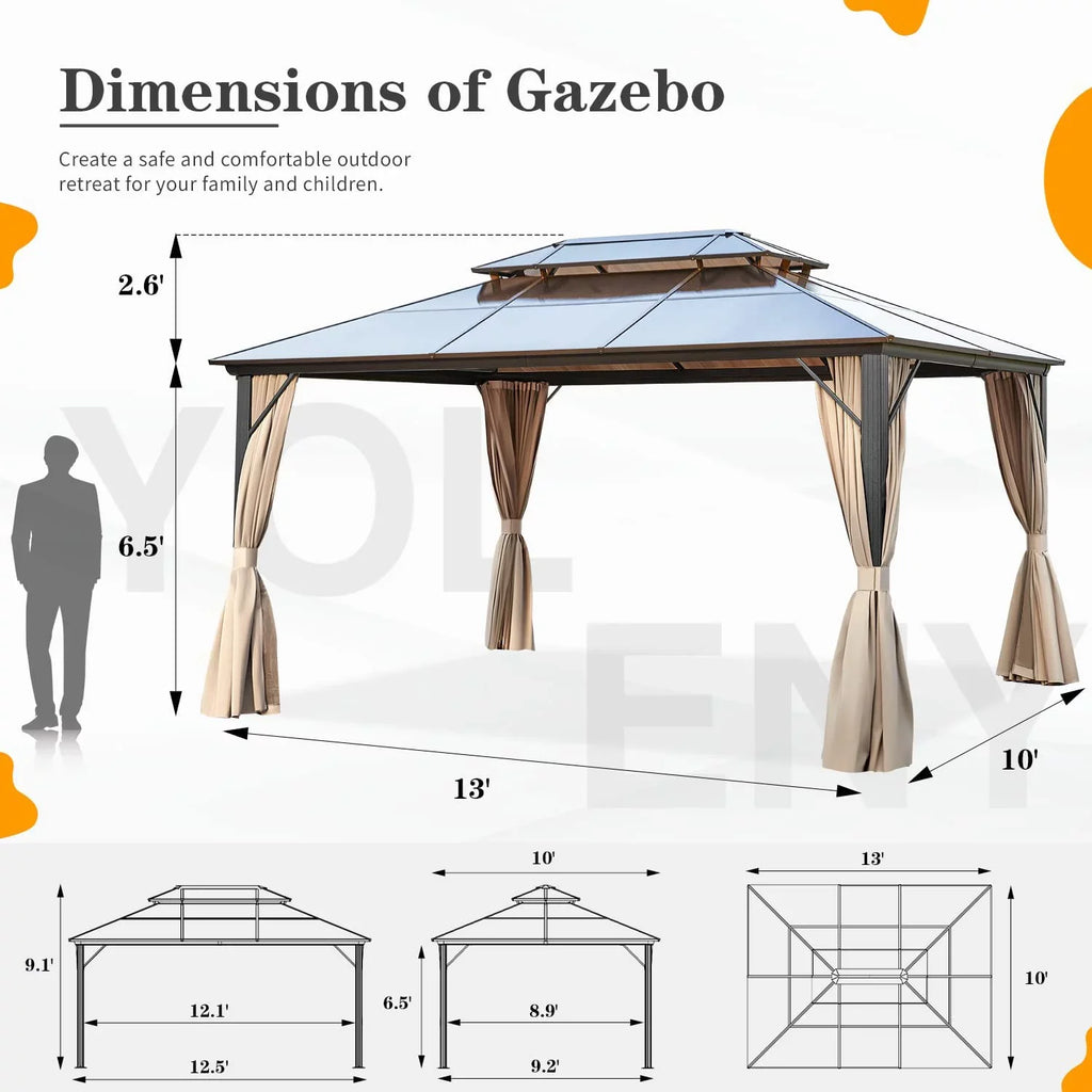 Hardtop Double Gazebo Garden, Frame with Aluminum Patio, Erommy for and Roof Polycarbonate Lawns 10'x13'