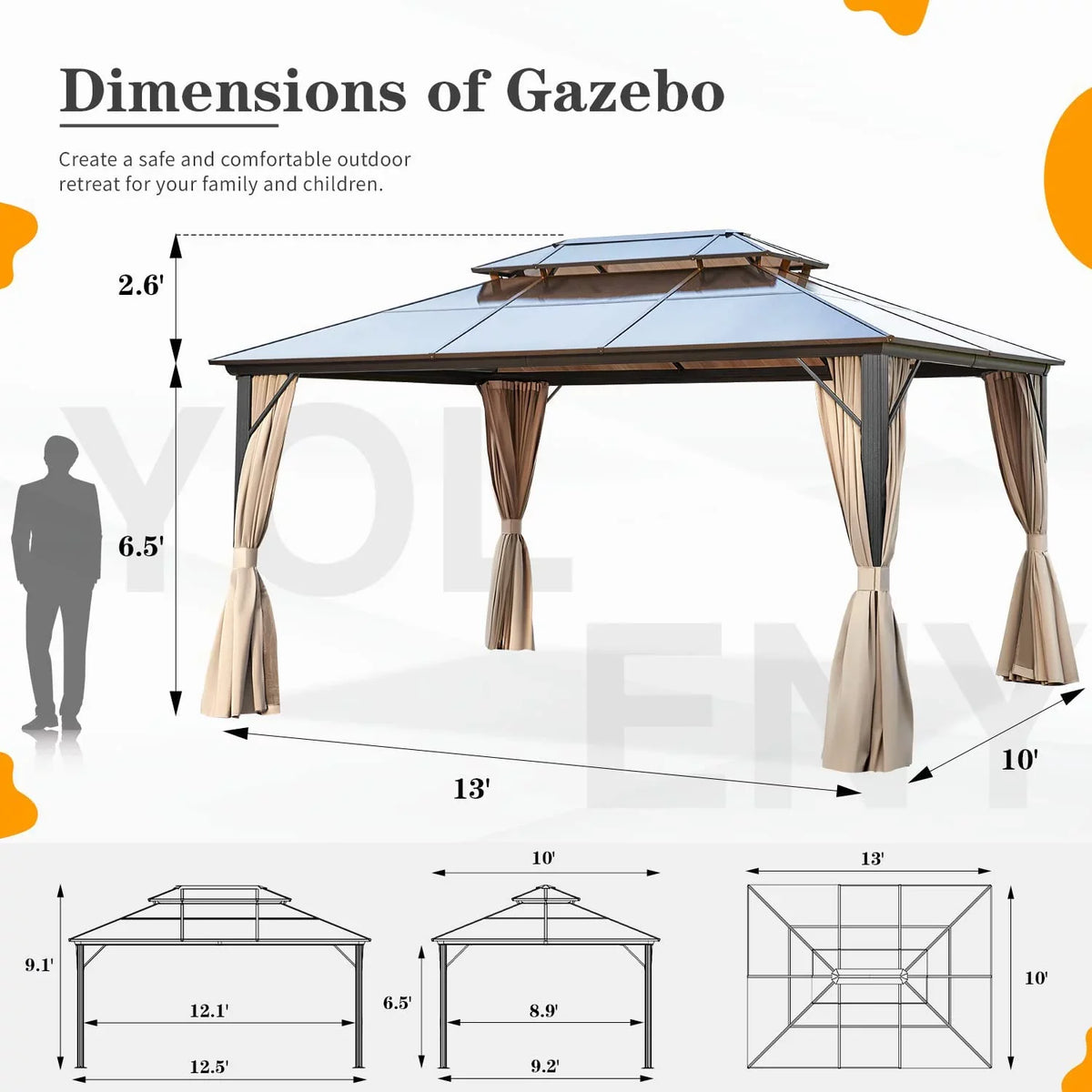 Hardtop Double Gazebo Garden, Frame with Aluminum Patio, Erommy for and Roof Polycarbonate Lawns 10'x13'
