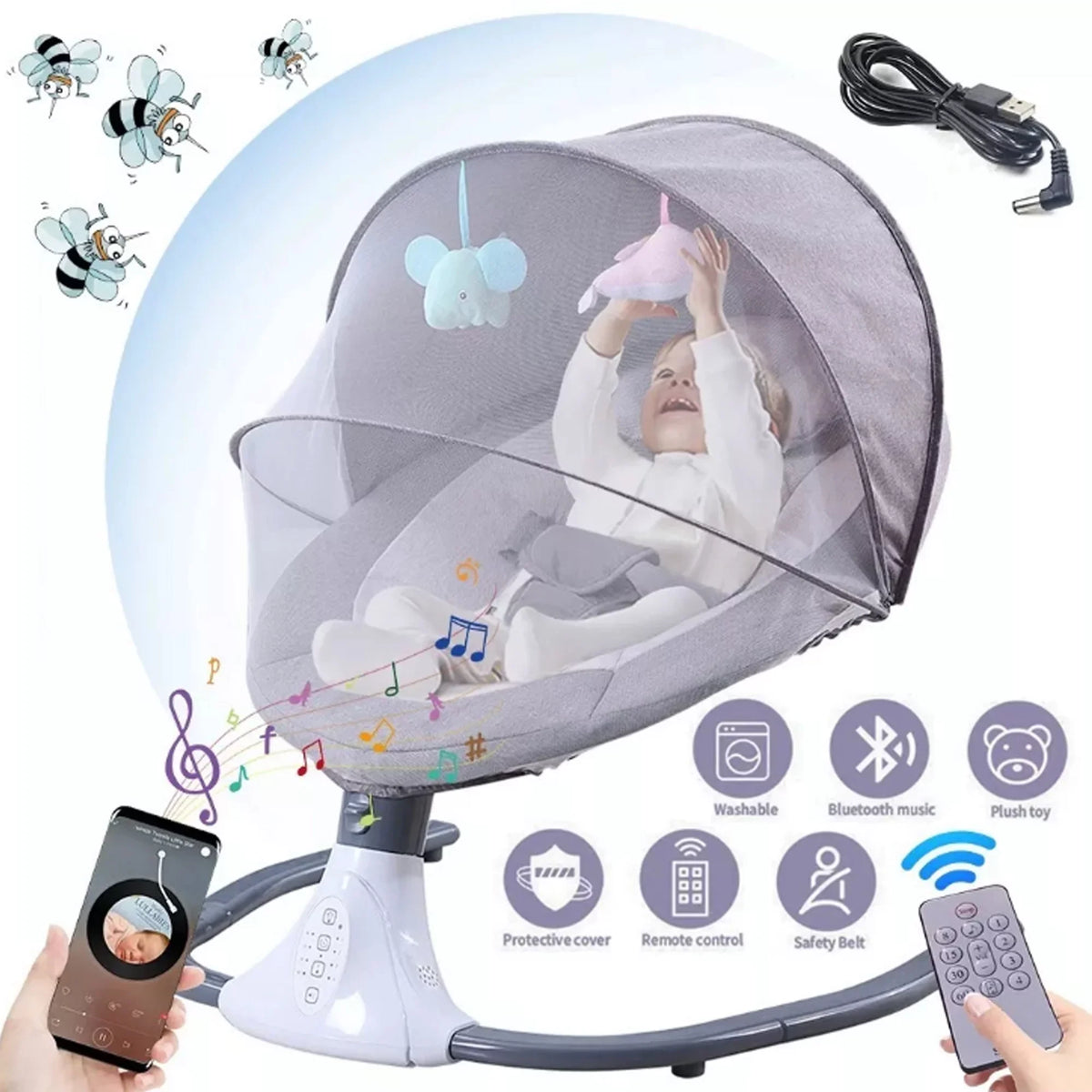 Swing Seat Swing Gray Baby 4 Speeds and Chair Electric Control, Portable with Infant Swing Remote