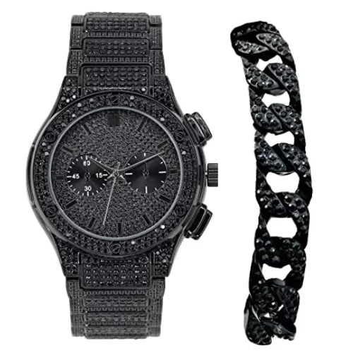 w/Miami - Metal Black Rhinestones Cuban - Bling Mens Iced Watch Big Out - Cuban - Inspired Bracelet Faux Hip Blast Hop Timepiece Diamond Eyes Chrono by on