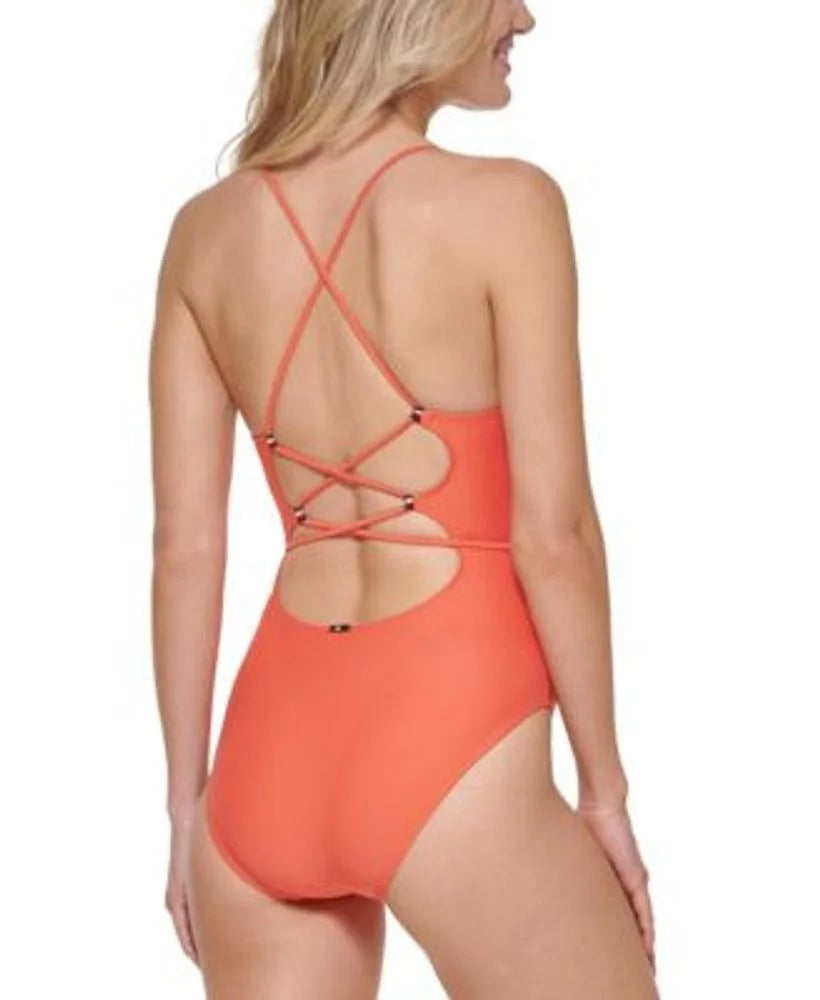 Crisscross Tommy Orange 16 Size Piece Back Hilfiger Tie-Belt One Swimsuit Women's