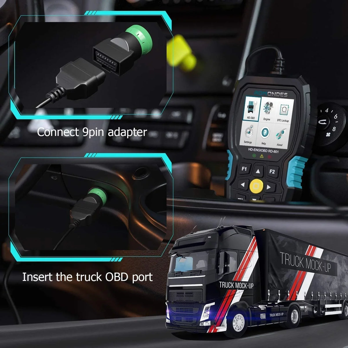 Code Scan Duty DAF Car Scanner Cummins, Tool Scanner Hino, Truck for Diagnostic Man, Engine & Heavy in EOBD , Tool Fuso, Truck Auto 1 2 Romondes Diesel UD OBD2 RD801 Scania, HD Reader Check OBD OBD