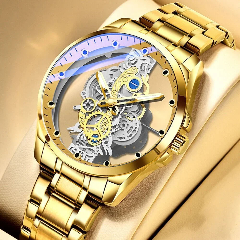 Luxury Quartz Steel Men's Watch Business USA Skeleton Hollow Stainless Automatic
