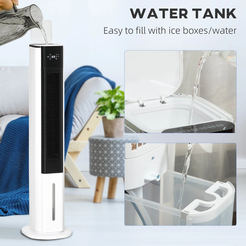 Cooling 1.6 LED Display, HOMCOM White Evaporative Oscillating, Water Air Humidifier Ice Cooler, 3-In-1 Portable Gal with Tank, Remote, Timer, and Fan 42"