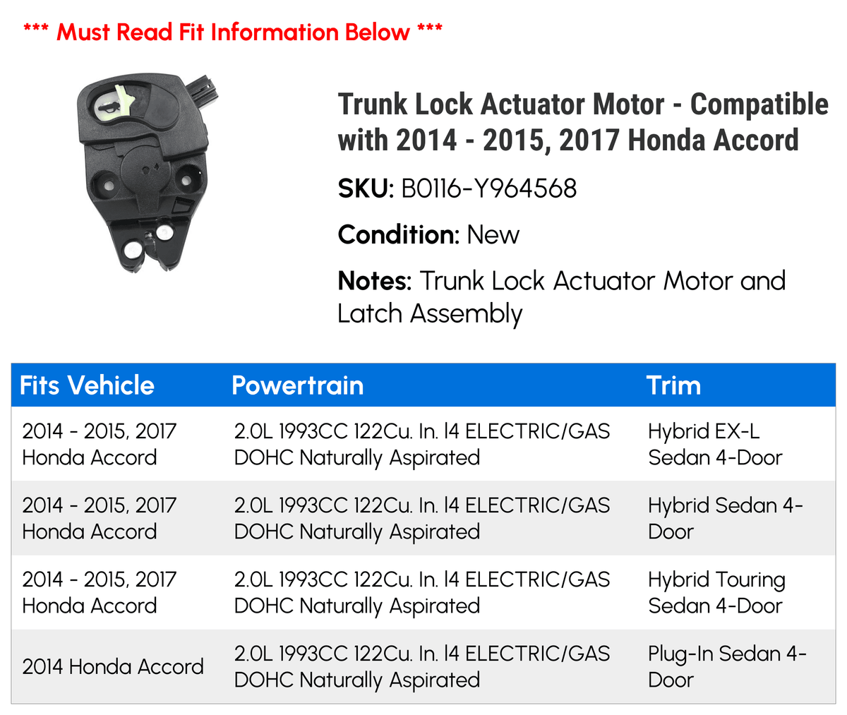 Actuator Compatible Lock 2017 - - with Honda Accord Motor Trunk 2015, 2014