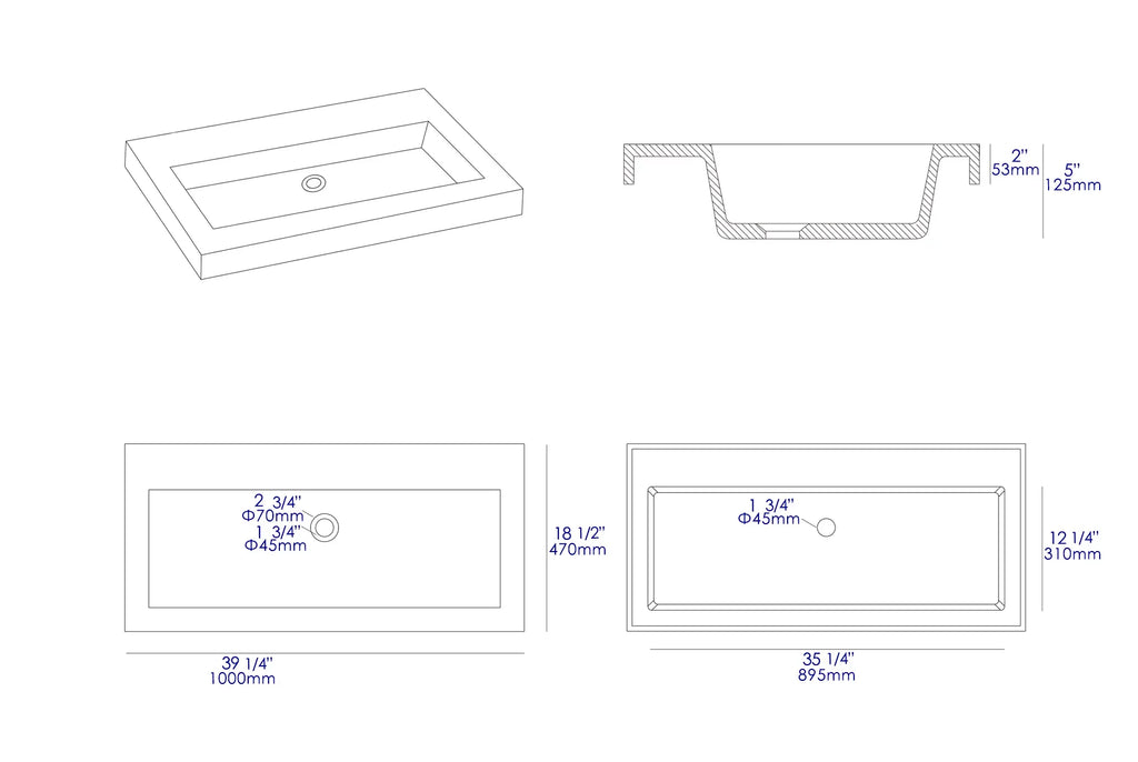 Trough for ABCO40TR Solid ALFI Sink Matte Concrete Bathroom the Gray 40" brand