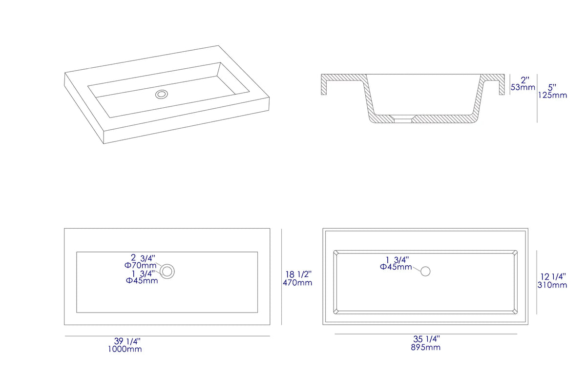 Trough for ABCO40TR Solid ALFI Sink Matte Concrete Bathroom the Gray 40" brand